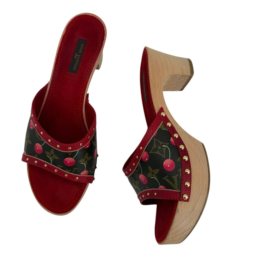 Vintage Louis Vuitton Cherry Takashi Murakami Monogram Wooden Clog Mules EU 38.5
